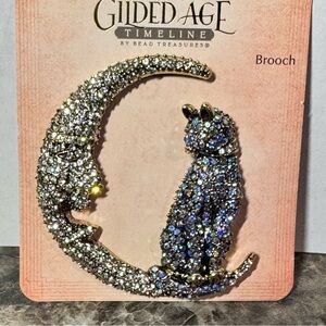 Gilded Age Bead Treasures Gold Tone White & Blue Rhinestones Half Moon & Cat Pin